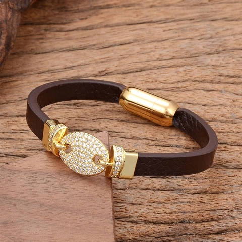 Pulsera de Cuerda de Cuero Bohemio Vintage Para Mujeres Hombres Cobre Chapado En Oro Circón Rosa Colgante Geométrico Cierre Magnético Joyería