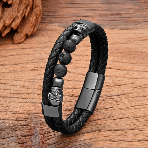 Punk Totenkopf Lederseil Armband Herren Retro Mehrlagig Gewebt Magnetverschluss Naturstein Perle Bangle Rock Schmuck