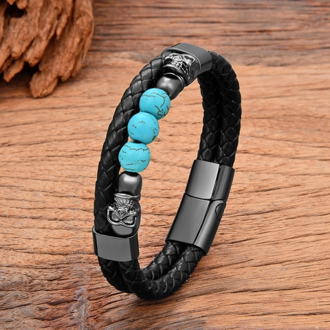 Punk Totenkopf Lederseil Armband Herren Retro Mehrlagig Gewebt Magnetverschluss Naturstein Perle Bangle Rock Schmuck