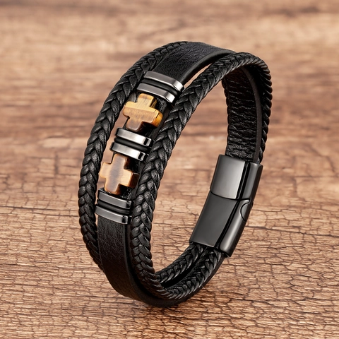 Bracciale da Uomo in Pelle con Croce Pietra Naturale Multistrato Intrecciato a Mano con Chiusura Magnetica in Acciaio