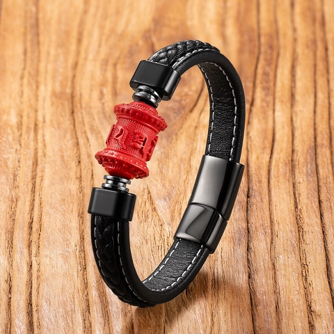 Handmade Braided Leather Bracelet For Men Cinnabar Bead Six-character Mantra Ethnic Style Stainless Steel Magnetic Clasp Bracelet