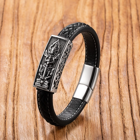 Herren Punk Vintage Geflochtenes Lederarmband Mit Edelstahl Löwenkopf Dollarzeichen Wikinger Runen Magnetverschluss Schmuck