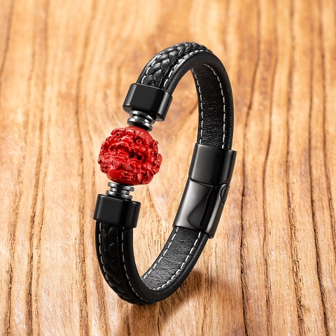 Handmade Braided Leather Bracelet For Men Cinnabar Bead Six-character Mantra Ethnic Style Stainless Steel Magnetic Clasp Bracelet
