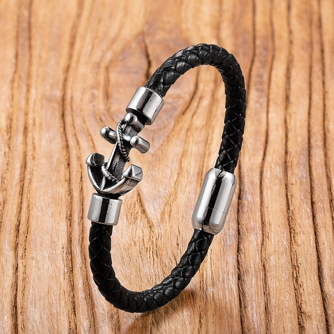 Men's Punk Braided Leather Bracelet With Stainless Steel Anchor Infinity Charm Nautical Sailor Jewelry Magnetic Clasp Bangle