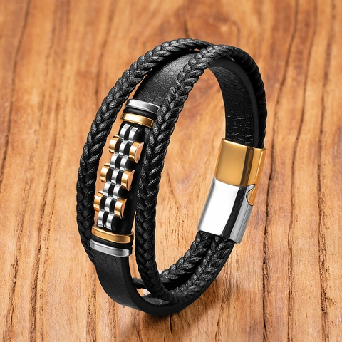 Herren Mehrlagiges Punk Geflochtenes Lederarmband Mit Edelstahl Magnetverschluss Hip Hop Fashion Handschmuck Geschenk