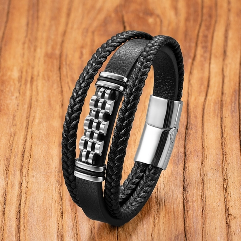 Herren Mehrlagiges Punk Geflochtenes Lederarmband Mit Edelstahl Magnetverschluss Hip Hop Fashion Handschmuck Geschenk