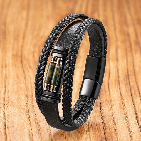 Men's Vintage Multi-layer Leather Braided Bracelet Natural Stone Magnetic Clasp Ethnic Punk Wristband Jewelry Gift