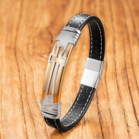 Pulsera de Cuero Trenzado para Hombre Con Dije de Cruz de Acero Inoxidable Cierre Magnético Estilo Punk Joyería para Hombre