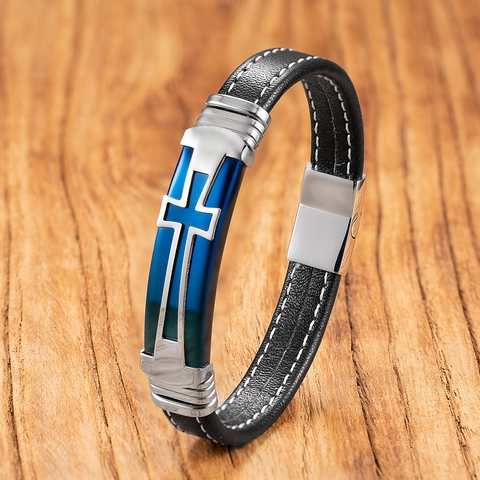 Pulsera de Cuero Trenzado para Hombre Con Dije de Cruz de Acero Inoxidable Cierre Magnético Estilo Punk Joyería para Hombre