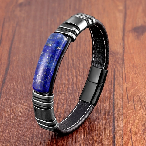 Vintage Herren Lederarmband Mit Naturstein Und Edelstahl Magnetverschluss Mode Handgefertigter Schmuck Geschenk