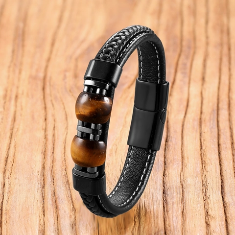 Men Hand Braided Leather Bracelet With Natural Tiger Eye Stone Stainless Steel Magnetic Clasp Beaded Double Layer Jewelry Gift