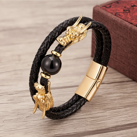 Vintage Chinesischer Drachenkopf Herren Lederarmband Doppelstrang Geflochtene Kordel Edelstahl Magnetverschluss Naturstein Ethno Schmuck