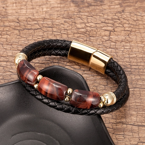 Vintage Men's Braided Leather Bracelet With Natural Tiger Eye Stone Stainless Steel Magnetic Clasp Multilayer Wrap Bracelet Jewelry