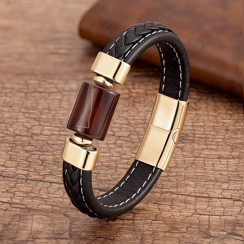 Bracelet en Cuir Tressé pour Homme Avec Perles en Pierre Naturelle Fermoir Magnétique en Acier Inoxydable Bijou