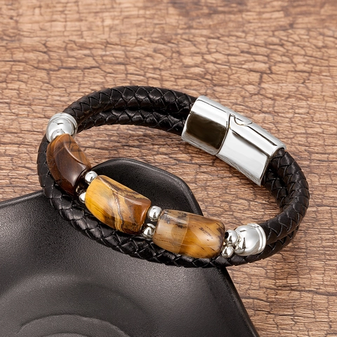 Vintage Men's Braided Leather Bracelet With Natural Tiger Eye Stone Stainless Steel Magnetic Clasp Multilayer Wrap Bracelet Jewelry