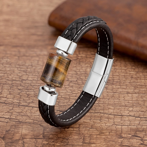 Bracelet en Cuir Tressé pour Homme Avec Perles en Pierre Naturelle Fermoir Magnétique en Acier Inoxydable Bijou