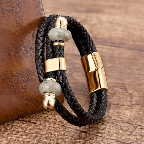 Vintage Geflochtenes Lederarmband Mit Natursteinperlen Edelstahl Magnetverschluss Für Herren Damen Boho Retro Schmuck