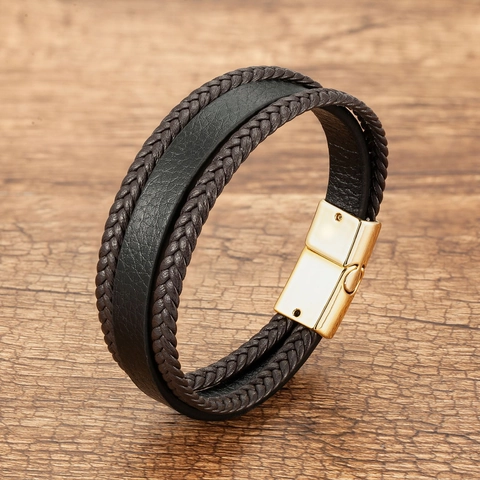 Bracciale da Uomo Multistrato in Pelle Intrecciata con Chiusura Magnetica in Lega Gioielli in Stile Urban Vintage Regalo per Uomo