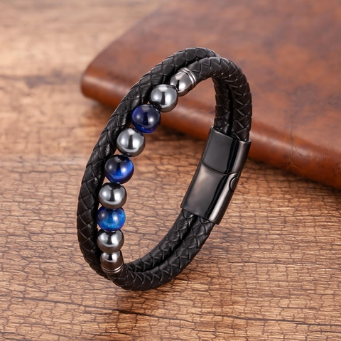 Vintage Geflochtenes Lederarmband Für Herren Edelstahl Magnetverschluss Natürlicher Tigerauge Stein Perlen Herren Schmuck
