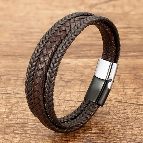 Men's Multilayer Braided Leather Bracelet With Stainless Steel Magnetic Clasp Retro Woven Leather Hand Wrap Jewelry For Men Women Daily Accessory