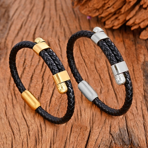 Minimalistisches Herren Lederarmband Geflochten Edelstahl Magnetverschluss Vintage Punk Stil Geflochtenes Armband Schmuck