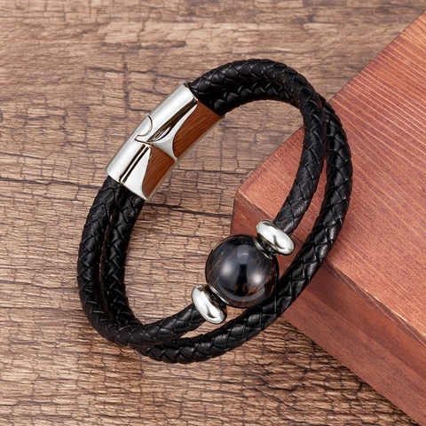 Vintage Double Layer Woven Leather Bracelet Stainless Steel Magnetic Buckle Natural Tiger Eye Stone Beads Wristband Jewelry