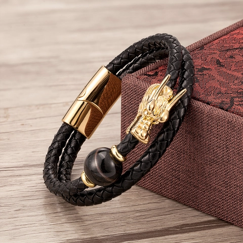 Men Vintage Braided Leather Bracelet With Dragon Head Charm Natural Stone Beads Stainless Steel Clasp Chinese Style Jewelry