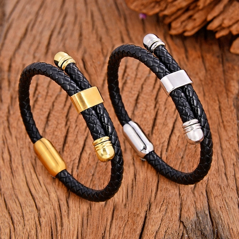 Minimalistisches Herren Lederarmband Geflochten Edelstahl Magnetverschluss Vintage Punk Stil Geflochtenes Armband Schmuck