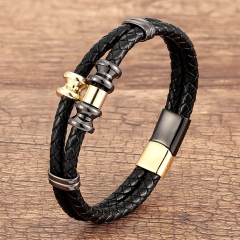 Vintage Stainless Steel Buckle Braided Leather Bracelet Punk Double Layer Multi Color Bangle For Men Women Jewelry