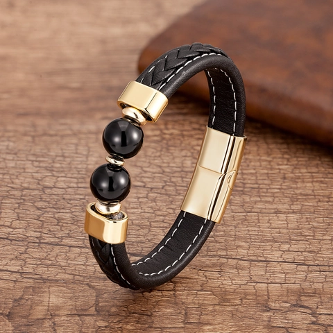 Heren Vintage Gevlochten Leren Armband Met Natuursteen Magnetische Roestvrijstalen Sluiting Retro Boheems Mode Sieraden Armband Cadeau