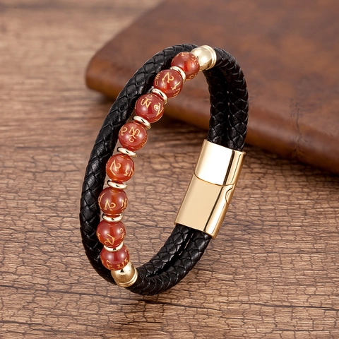Retro Herren Geflochtenes Lederarmband Mit Edelstahl Magnetverschluss Naturstein Mantra Perlenarmband Schmuck Geschenk