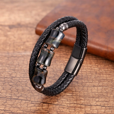 Men Vintage Braided Genuine Leather Bracelet With Tiger Eye Stone Stainless Steel Magnetic Clasp Punk Hand Jewelry Bracelet