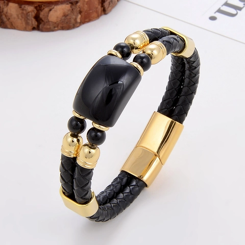 Bracciale da Uomo in Pelle Intrecciata a Mano Chiusura Magnetica in Acciaio Inossidabile Gioielli in Pietra Naturale Occhio di Tigre Agata Regalo Fidanzato