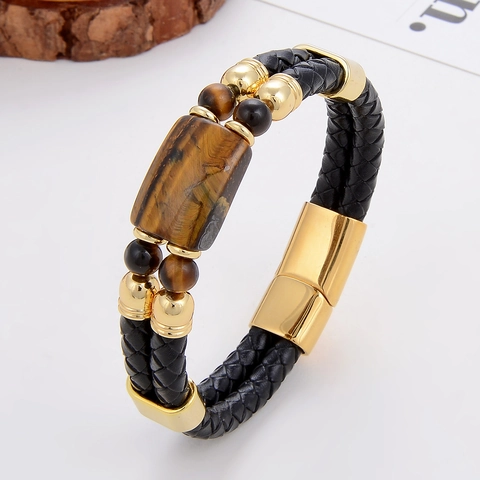 Bracciale da Uomo in Pelle Intrecciata a Mano Chiusura Magnetica in Acciaio Inossidabile Gioielli in Pietra Naturale Occhio di Tigre Agata Regalo Fidanzato