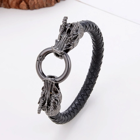 Men Braided Leather Bracelet With Antique Silver Alloy Dragon Snake Elephant Head Clasp Retro Punk Gothic Jewelry Hand Chain