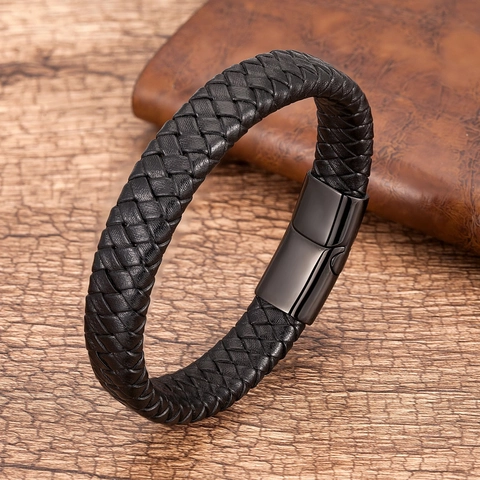 Bracciale in Pelle Intrecciata Retrò da Uomo Con Chiusura Magnetica in Acciaio Inossidabile Gioielli Minimalisti Fatti a Mano