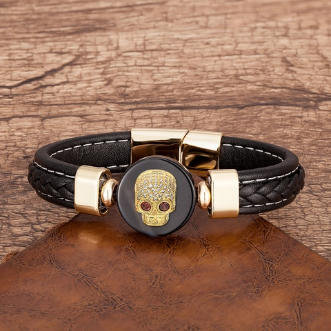 Men's Punk Skull Leather Bracelet Stainless Steel Magnetic Clasp Braided Cord Wristband With Rhinestone Gothic Jewelry
