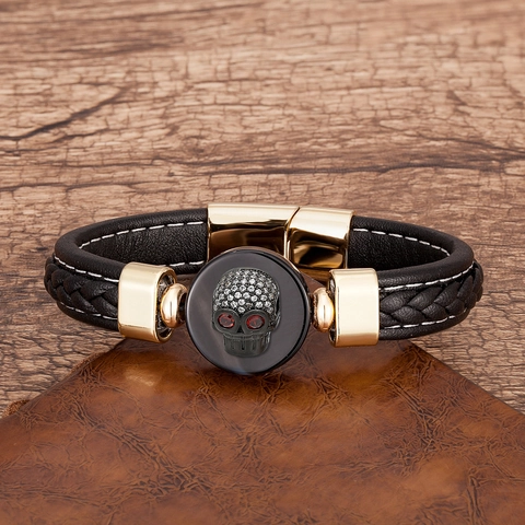 Men's Punk Skull Leather Bracelet Stainless Steel Magnetic Clasp Braided Cord Wristband With Rhinestone Gothic Jewelry