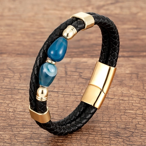 Bracciale in Pelle Intrecciata di Moda Con Chiusura in Acciaio Inossidabile Perle a Goccia in Pietra Naturale Bracciale a Doppio Strato per Uomo Donna Gioielli Unisex