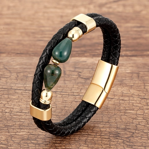 Bracciale in Pelle Intrecciata di Moda Con Chiusura in Acciaio Inossidabile Perle a Goccia in Pietra Naturale Bracciale a Doppio Strato per Uomo Donna Gioielli Unisex