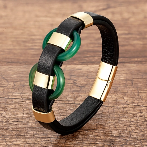Vintage Unisex Leather Bracelet Stainless Steel Magnetic Clasp Stone Inlaid Woven Bangle Fashion Jewelry Accessory Gift