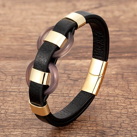 Vintage Unisex Leather Bracelet Stainless Steel Magnetic Clasp Stone Inlaid Woven Bangle Fashion Jewelry Accessory Gift