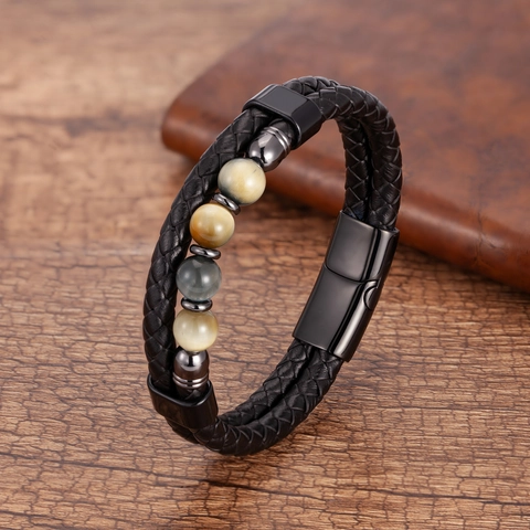 Vintage Heren Gevlochten Leren Armband Natuursteen Tijgeroog Kralen Roestvrij Stalen Magneetsluiting Multi Layer Polsband