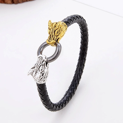 Vintage Geflochtenes Lederarmband Für Herren Punk Wolf Drachenkopf Legierung Verschluss Retro Tier Armband Mode Schmuck Geschenk