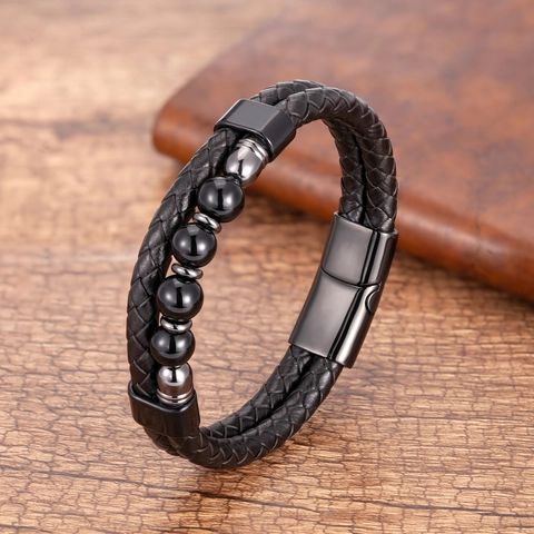 Vintage Heren Gevlochten Leren Armband Natuursteen Tijgeroog Kralen Roestvrij Stalen Magneetsluiting Multi Layer Polsband
