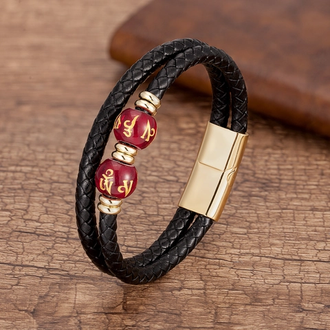 Bracelet Homme Vintage en Cuir Tressé Avec Fermoir Magnétique en Acier Inoxydable Perles en Pierre Naturelle Bijoux de Mode