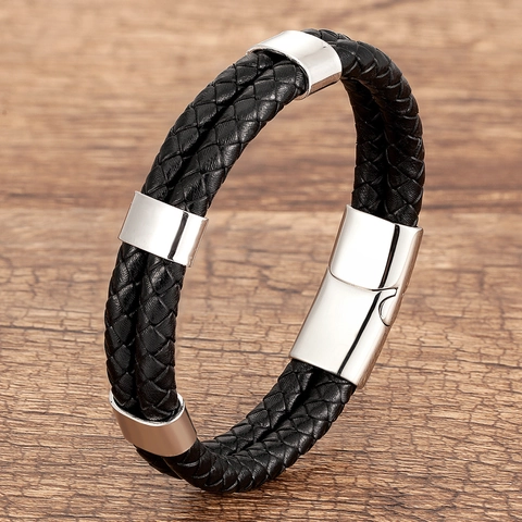 Men Hand Woven Leather Bracelet Stainless Steel Magnetic Buckle Double Layer Braided Cuff Bracelet Masculine Casual Jewelry