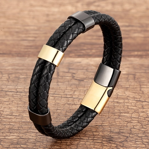 Men Hand Woven Leather Bracelet Stainless Steel Magnetic Buckle Double Layer Braided Cuff Bracelet Masculine Casual Jewelry