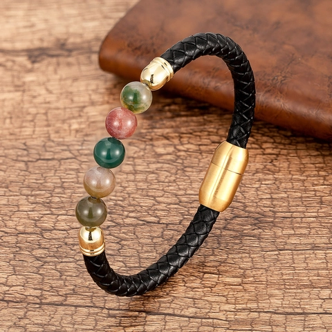 Pulsera de Cuero Trenzado para Hombre Con Cuentas de Piedra Natural Cierre Magnético de Acero Inoxidable Joyería Chakra Vintage