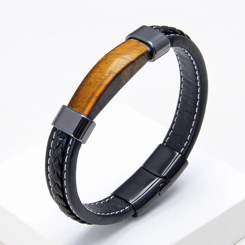 Retro Men Braided Leather Bracelet With Natural Stone Inlay Stainless Steel Magnetic Clasp Industrial Style Cuff Bangle Gift